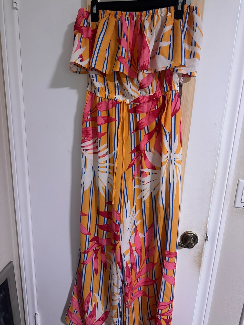 Lulu's Mustard and Blue Orange white Striped tube top jumpsuit